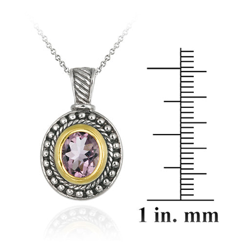 Sterling Silver Two Tone Designer Inspired Amethyst Oval Pendant w/ Beaded Border-3