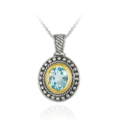 Sterling Silver Two Tone Designer Inspired Blue Topaz Oval Pendant w/ Beaded Border