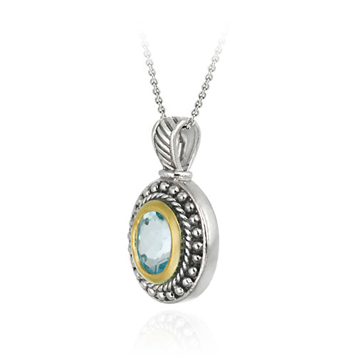 Sterling Silver Two Tone Designer Inspired Blue Topaz Oval Pendant w/ Beaded Border-2