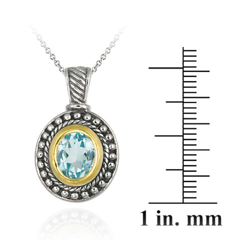 Sterling Silver Two Tone Designer Inspired Blue Topaz Oval Pendant w/ Beaded Border-3