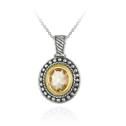 Sterling Silver Two Tone Designer Inspired Citrine Oval Pendant w/ Beaded Border