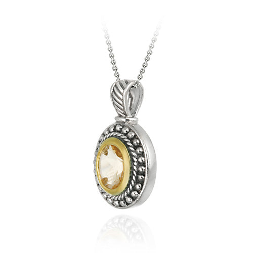 Sterling Silver Two Tone Designer Inspired Citrine Oval Pendant w/ Beaded Border-2