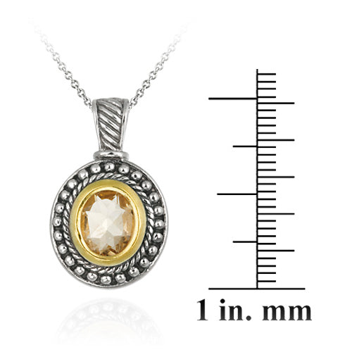 Sterling Silver Two Tone Designer Inspired Citrine Oval Pendant w/ Beaded Border-3