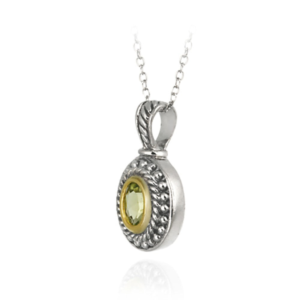 Sterling Silver Two Tone Designer Inspired Peridot Oval Pendant w/ Beaded Border-2