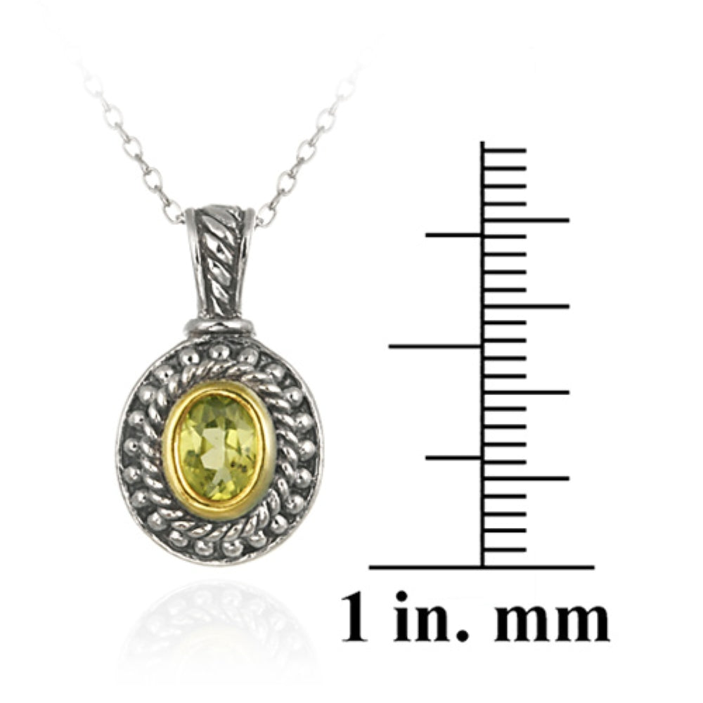 Sterling Silver Two Tone Designer Inspired Peridot Oval Pendant w/ Beaded Border-3