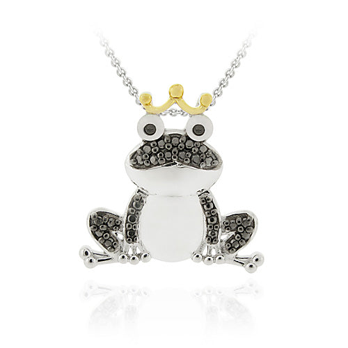 Sterling Silver Two-Tone Black Diamond Accent Frog Prince Pendant