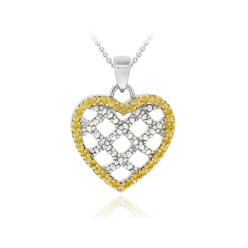 Sterling Silver Two-Tone Yellow Diamond Accent Weave Pattern Heart Pendant