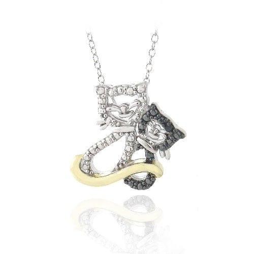Sterling Silver Two Tone Black Diamond Accent 2 Cat Necklace
