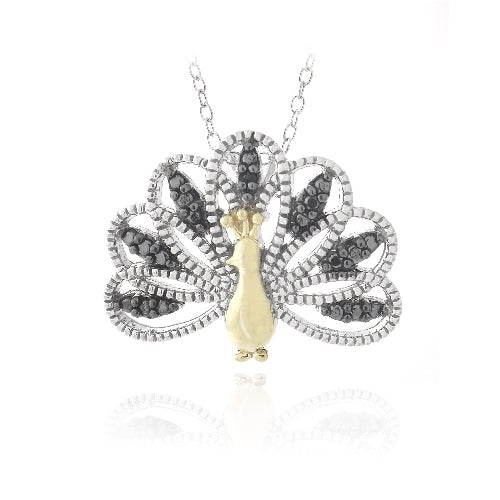 Sterling Silver Two Tone Black Diamond Accent Peacock Necklace