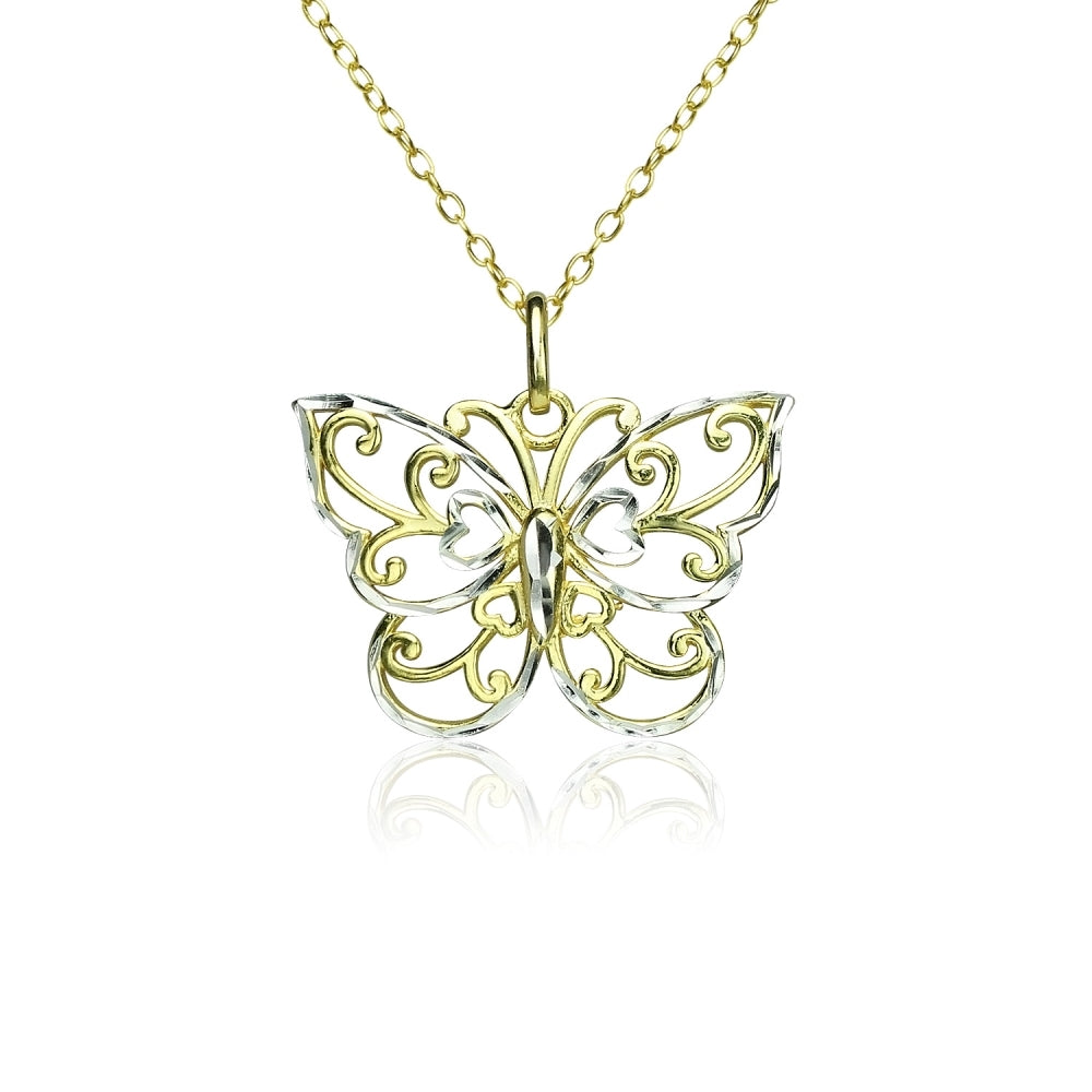 Yellow Gold Flashed Sterling Silver Two-Tone  Diamond-cut Filigree Butterfly Pendant Necklace