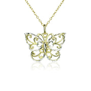 Yellow Gold Flashed Sterling Silver Two-Tone  Diamond-cut Filigree Butterfly Pendant Necklace