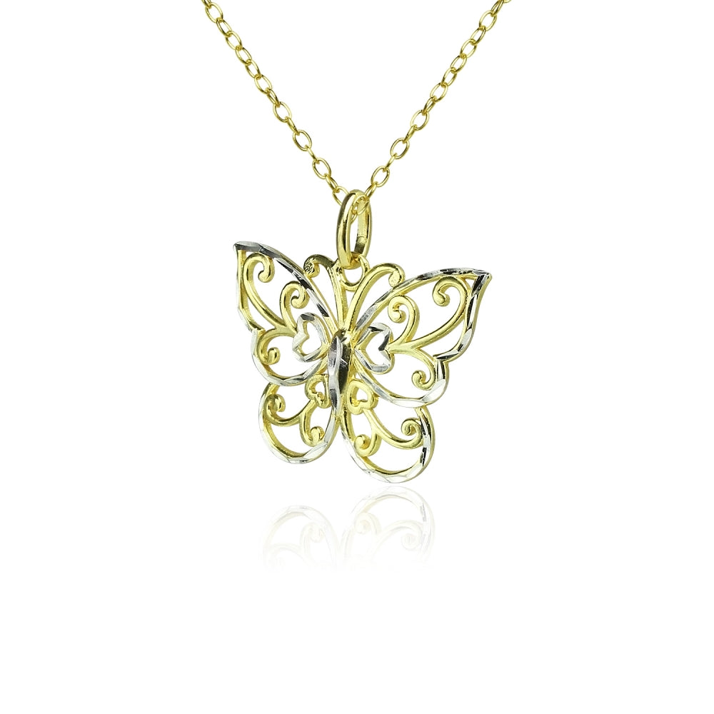 Yellow Gold Flashed Sterling Silver Two-Tone  Diamond-cut Filigree Butterfly Pendant Necklace-2