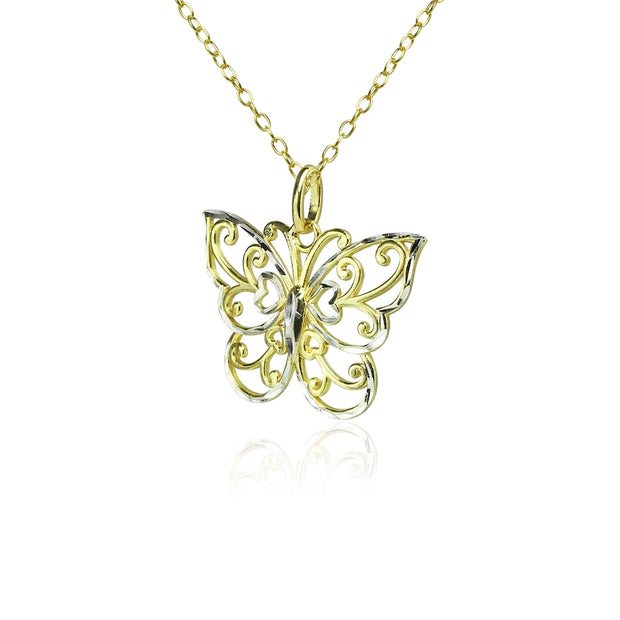 Yellow Gold Flashed Sterling Silver Two-Tone  Diamond-cut Filigree Butterfly Pendant Necklace