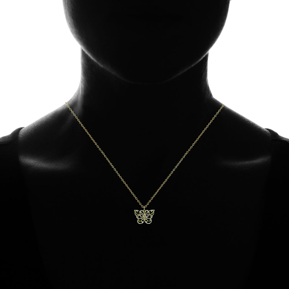 Yellow Gold Flashed Sterling Silver Two-Tone  Diamond-cut Filigree Butterfly Pendant Necklace-3
