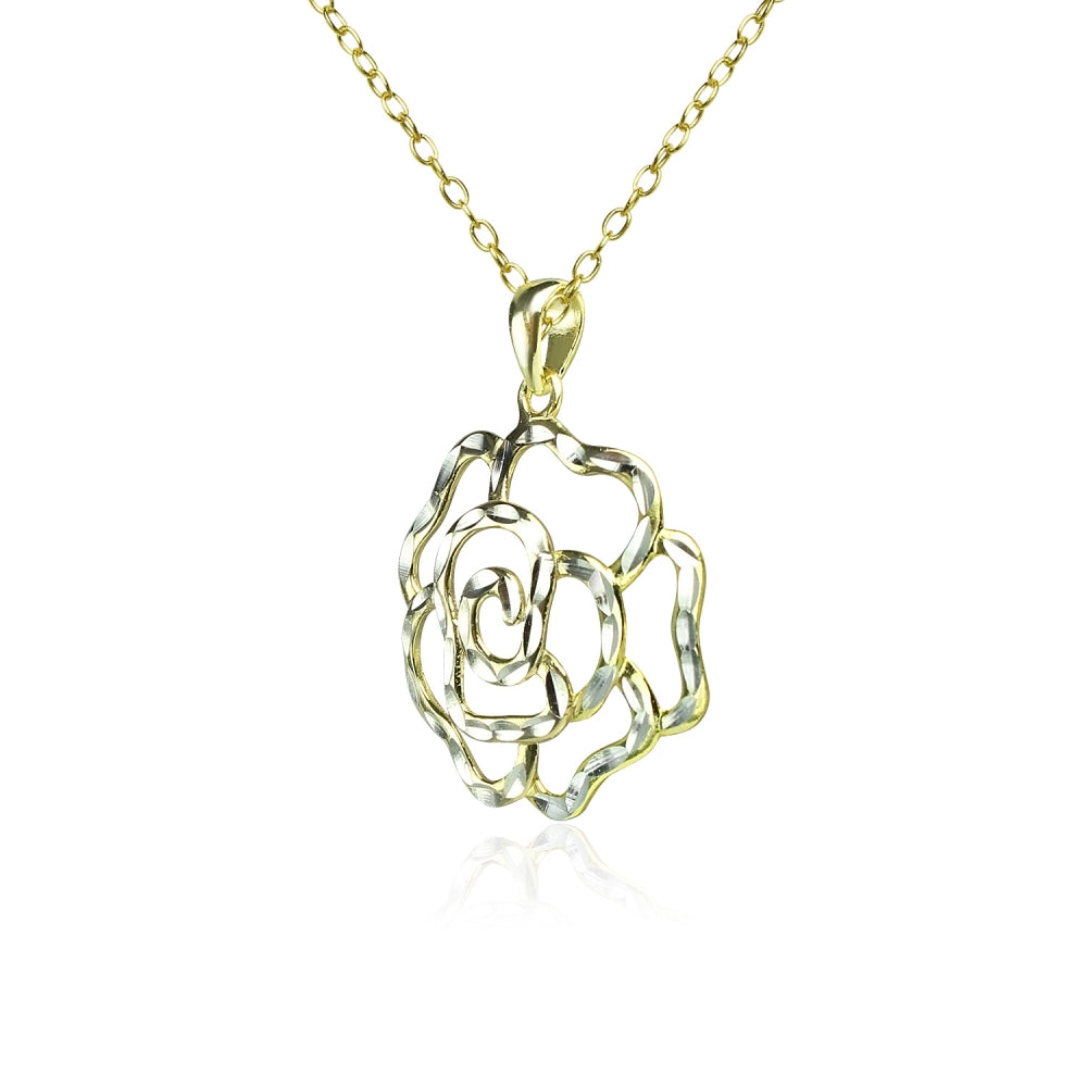 Yellow Gold Flashed Sterling Silver Two-Tone Diamond-cut Rose Flower Pendant Necklace-2