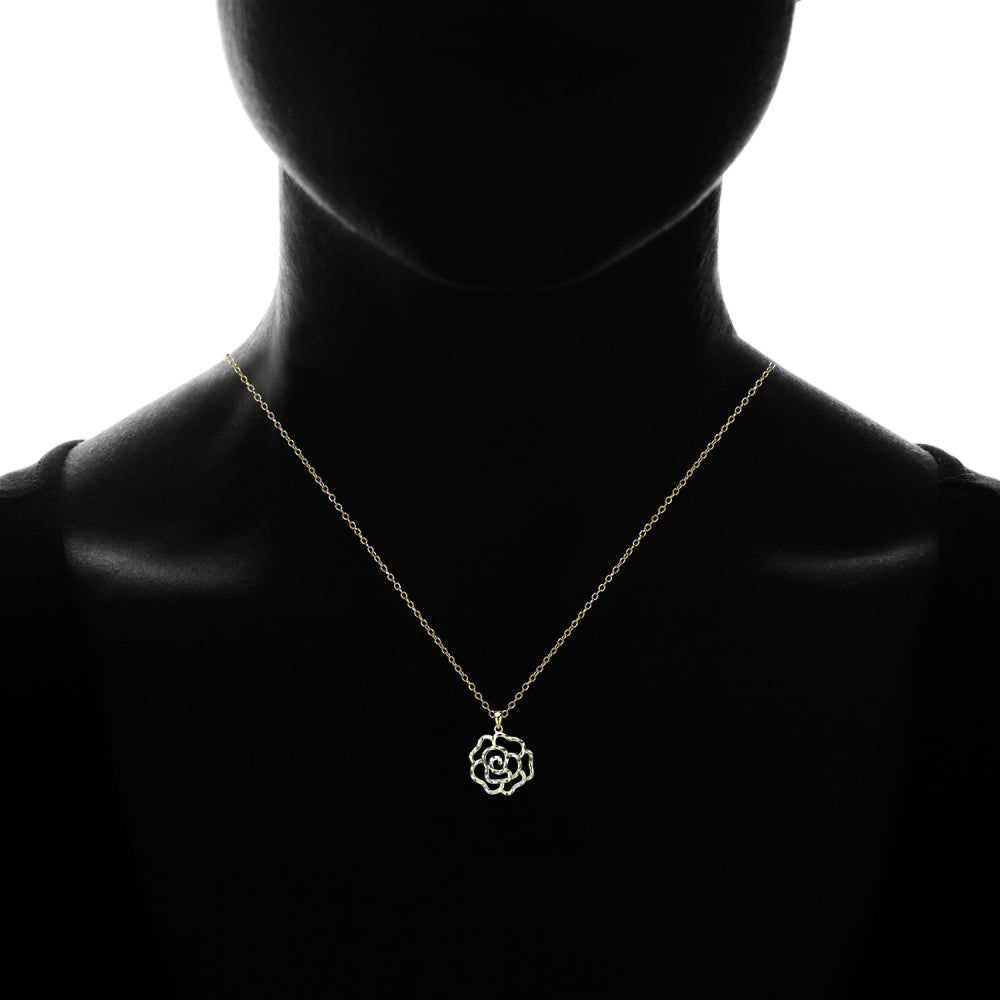Yellow Gold Flashed Sterling Silver Two-Tone Diamond-cut Rose Flower Pendant Necklace-3