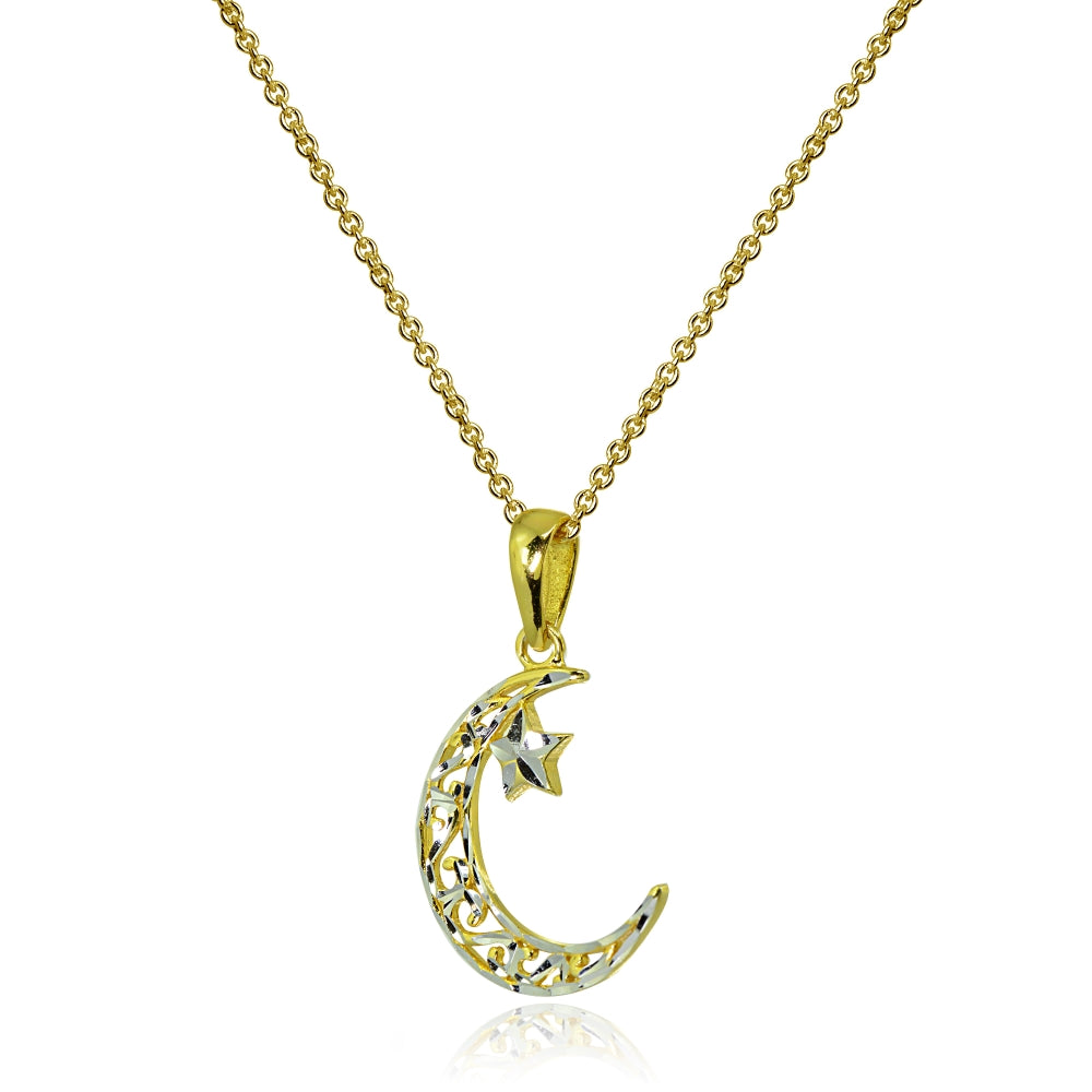 Two-Tone Yellow Gold Flashed Sterling Silver Polished Crescent Moon and Star Celestial Pendant Necklace-2
