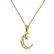 Two-Tone Yellow Gold Flashed Sterling Silver Polished Crescent Moon and Star Celestial Pendant Necklace