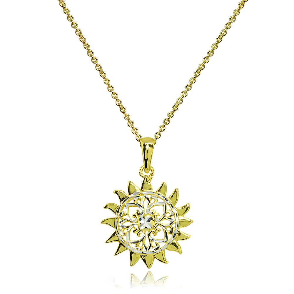 Two-Tone Yellow Gold Flashed Sterling Silver Polished Sun Celestial Filigree Pendant Necklace
