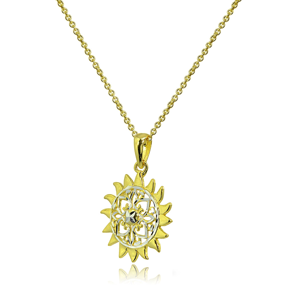 Two-Tone Yellow Gold Flashed Sterling Silver Polished Sun Celestial Filigree Pendant Necklace-2