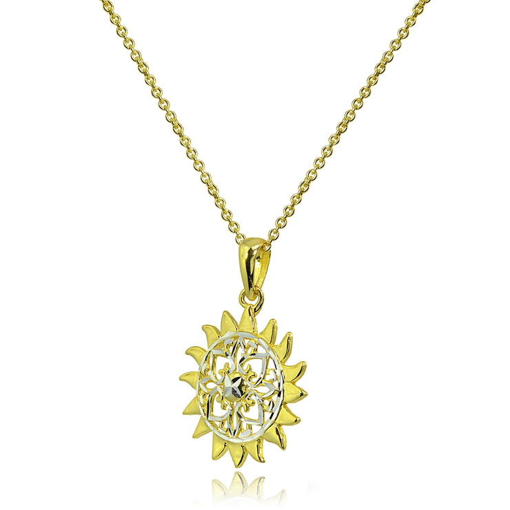Two-Tone Yellow Gold Flashed Sterling Silver Polished Sun Celestial Filigree Pendant Necklace