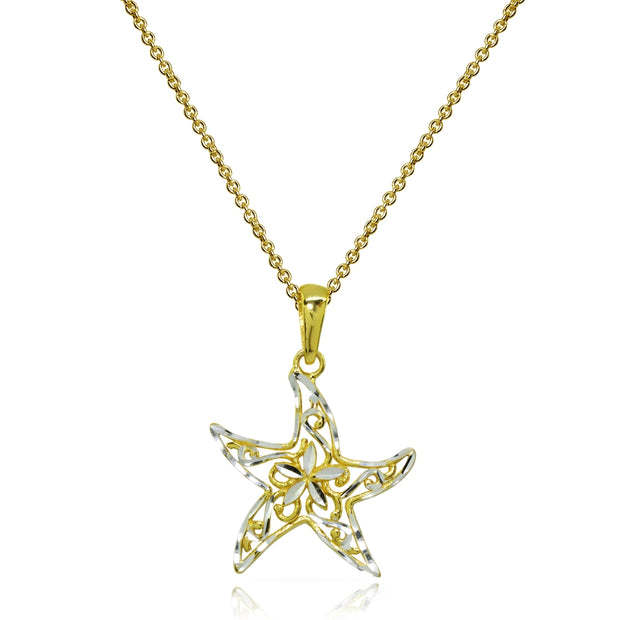 Two-Tone Yellow Gold Flashed Sterling Silver Polished Sea Starfish Filigree Pendant Necklace