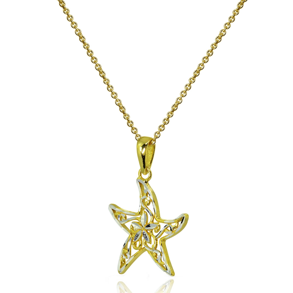 Two-Tone Yellow Gold Flashed Sterling Silver Polished Sea Starfish Filigree Pendant Necklace-2