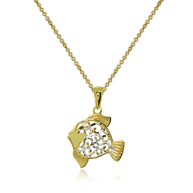 Two-Tone Yellow Gold Flashed Sterling Silver Polished Fish Animal Filigree Pendant Necklace