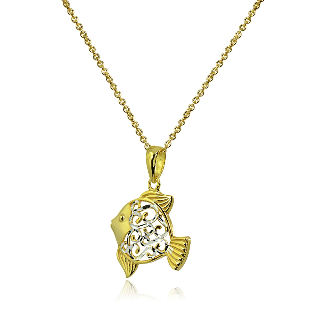 Two-Tone Yellow Gold Flashed Sterling Silver Polished Fish Animal Filigree Pendant Necklace-2