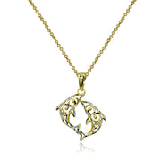 Two-Tone Yellow Gold Flashed Sterling Silver Polished Two Dolphins Filigree Pendant Necklace