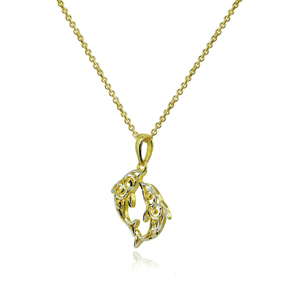 Two-Tone Yellow Gold Flashed Sterling Silver Polished Two Dolphins Filigree Pendant Necklace-2