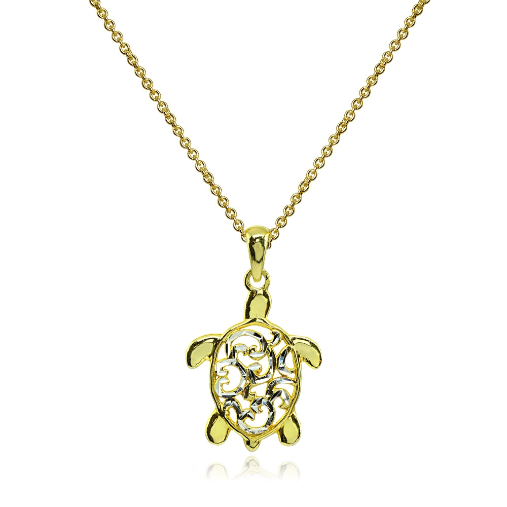 Two-Tone Yellow Gold Flashed Sterling Silver Polished Sea Turtle Filigree Pendant Necklace