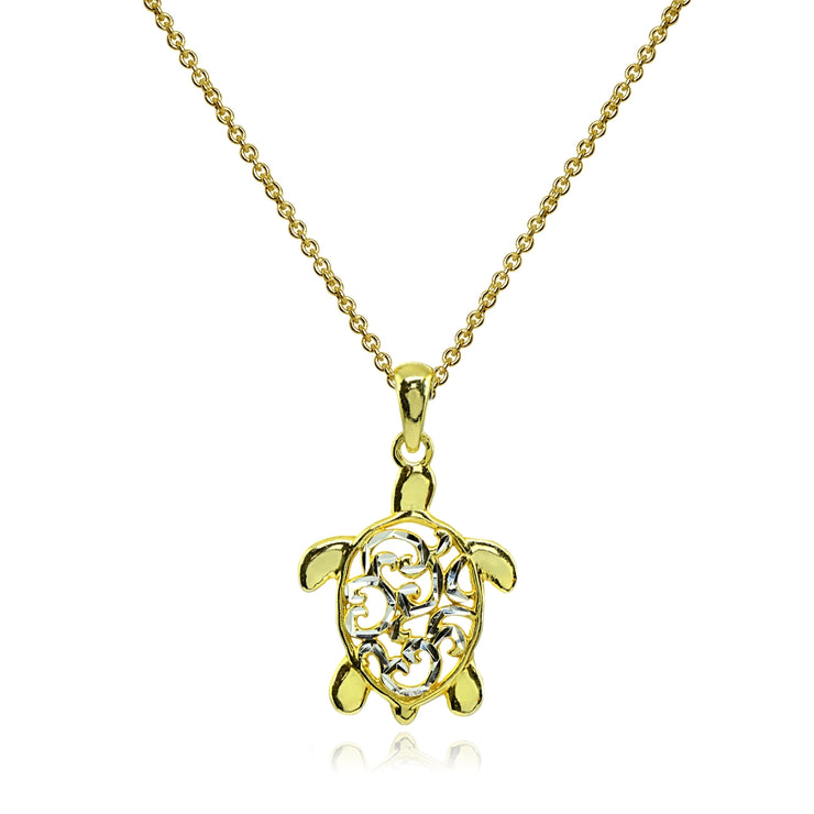Two-Tone Yellow Gold Flashed Sterling Silver Polished Sea Turtle Filigree Pendant Necklace