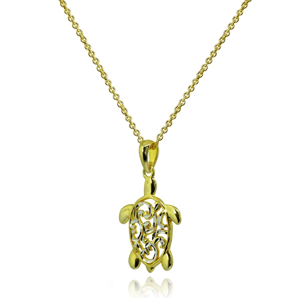 Two-Tone Yellow Gold Flashed Sterling Silver Polished Sea Turtle Filigree Pendant Necklace-2