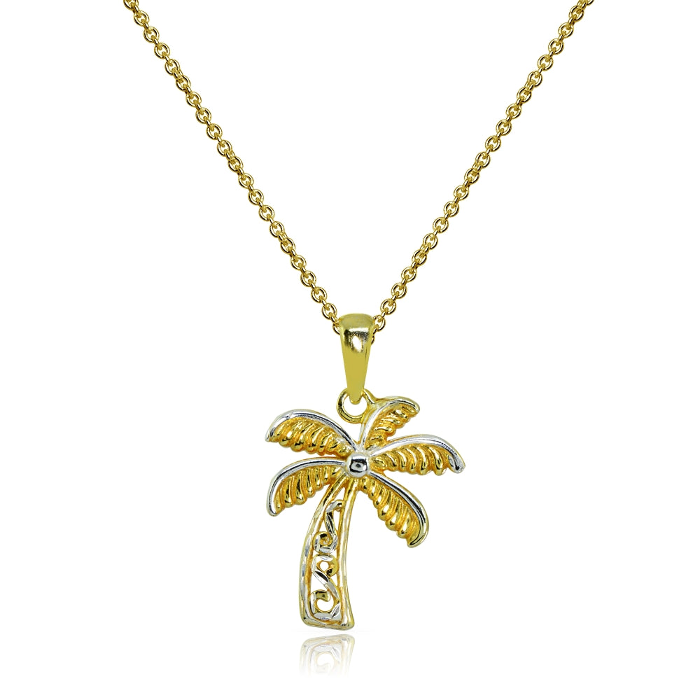 Two-Tone Yellow Gold Flashed Sterling Silver Polished Palm Tree Summer Filigree Pendant Necklace