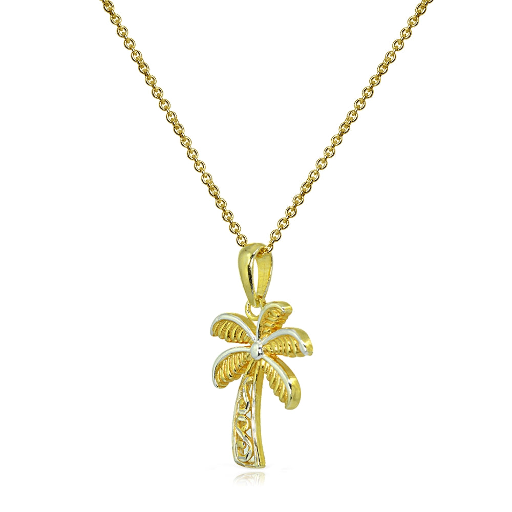 Two-Tone Yellow Gold Flashed Sterling Silver Polished Palm Tree Summer Filigree Pendant Necklace-2