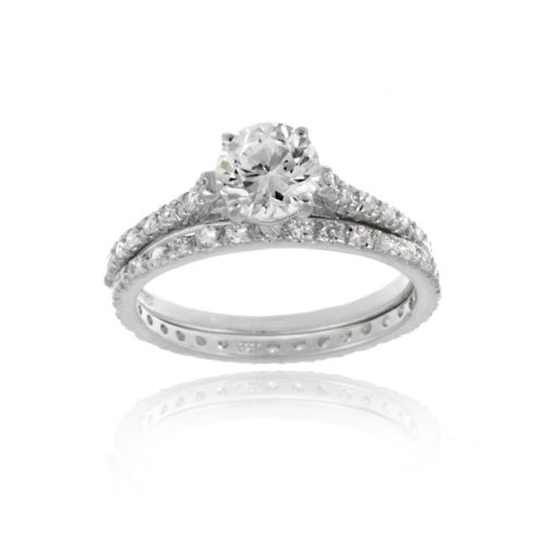 Sterling Silver Round CZ Bridal Engagement Ring Set