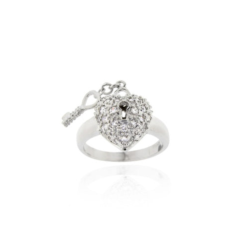 Sterling Silver CZ Filigree Heart & Key Ring