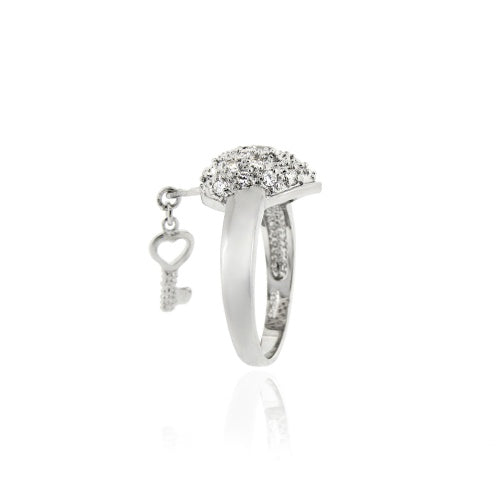 Sterling Silver CZ Filigree Heart & Key Ring-2