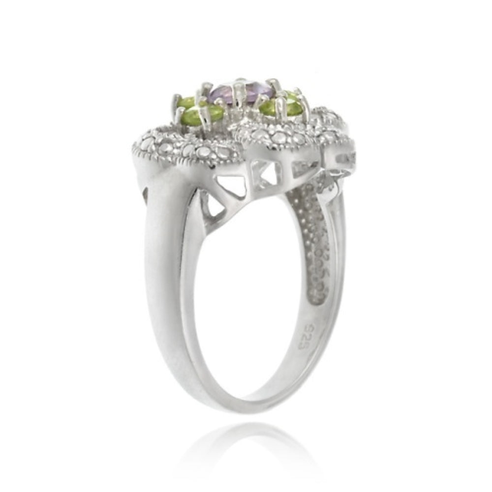 Sterling Silver Amethyst, Peridot and Diamond Accent Flower Design Ring-2