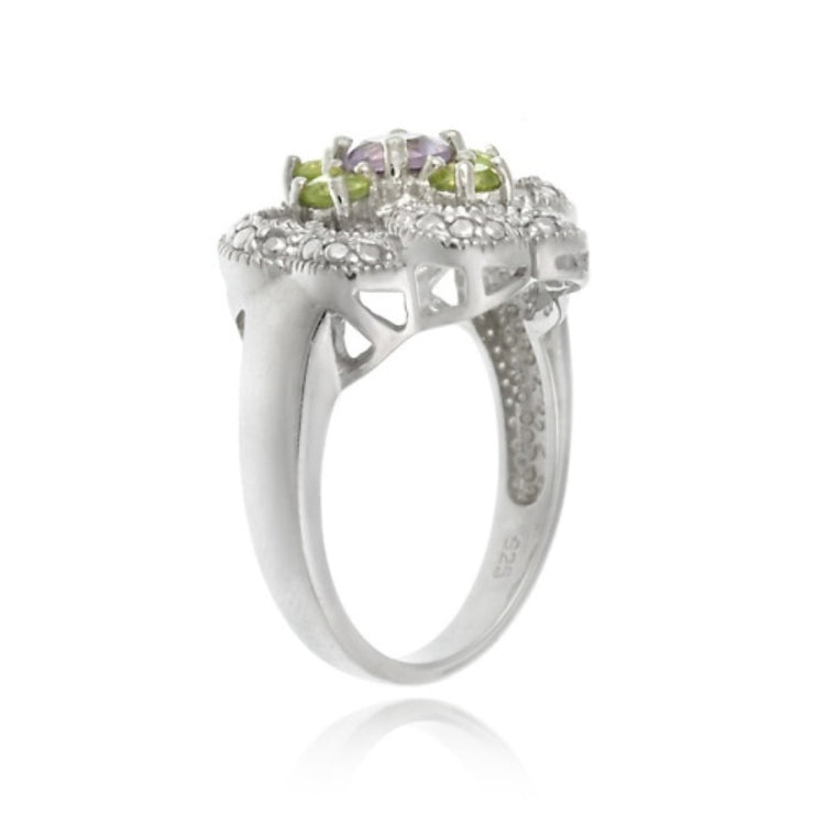 Sterling Silver Amethyst, Peridot and Diamond Accent Flower Design Ring