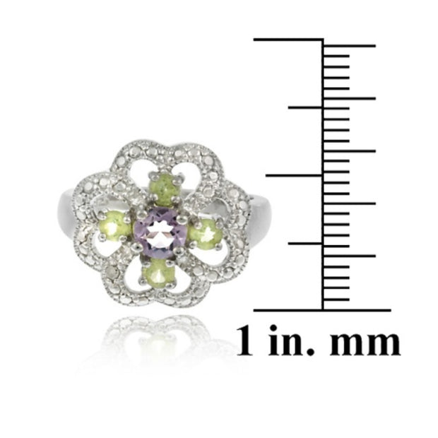 Sterling Silver Amethyst, Peridot and Diamond Accent Flower Design Ring