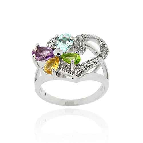 Sterling Silver Multi Gemstone Diamond Accent Flower and Open Heart Ring