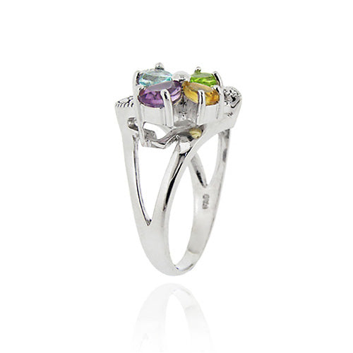 Sterling Silver Multi Gemstone Diamond Accent Flower and Open Heart Ring-2