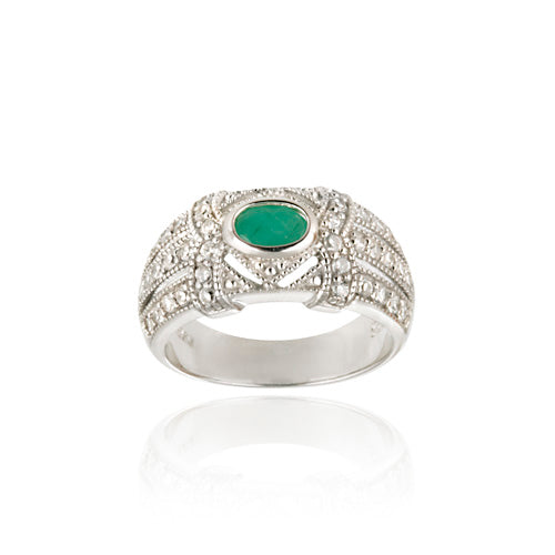 Sterling Silver Emerald & CZ Vintage Band Ring