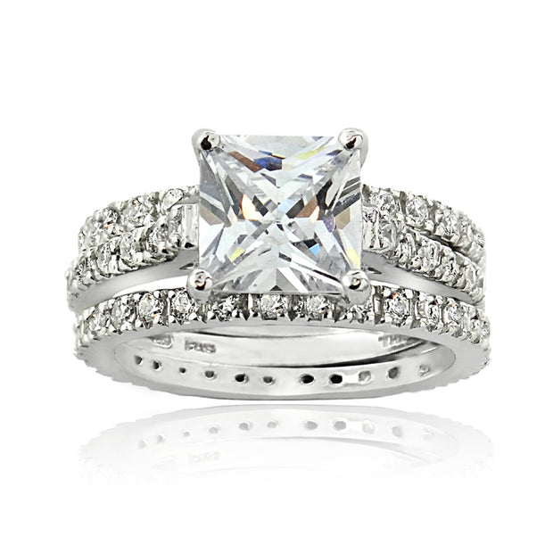 Sterling Silver Square CZ Wedding Engagement Ring Set
