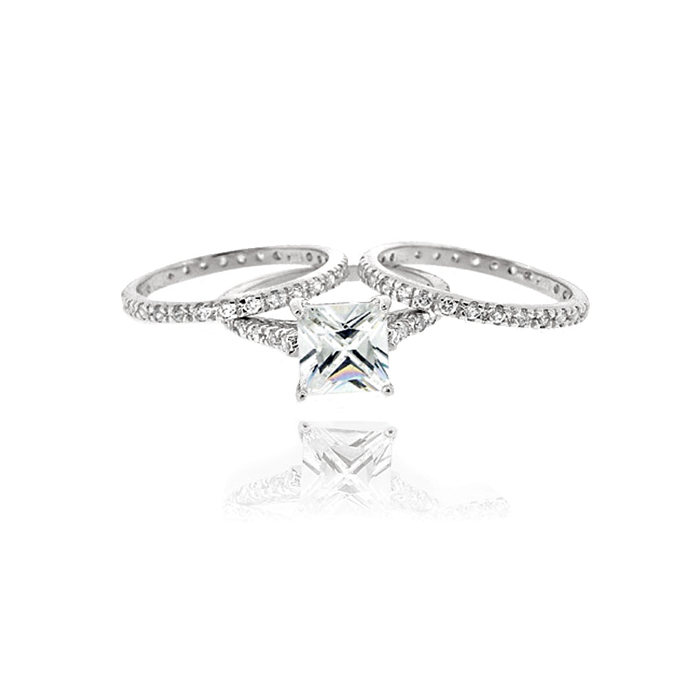 Sterling Silver Square CZ Wedding Engagement Ring Set-2