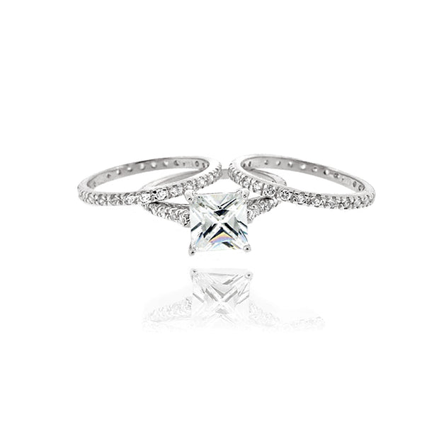 Sterling Silver Square CZ Wedding Engagement Ring Set