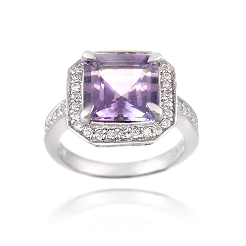 Sterling Silver 4.ct Amethyst & CZ Square Ring