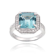 Sterling Silver .2ct Blue Topaz & CZ Square Ring